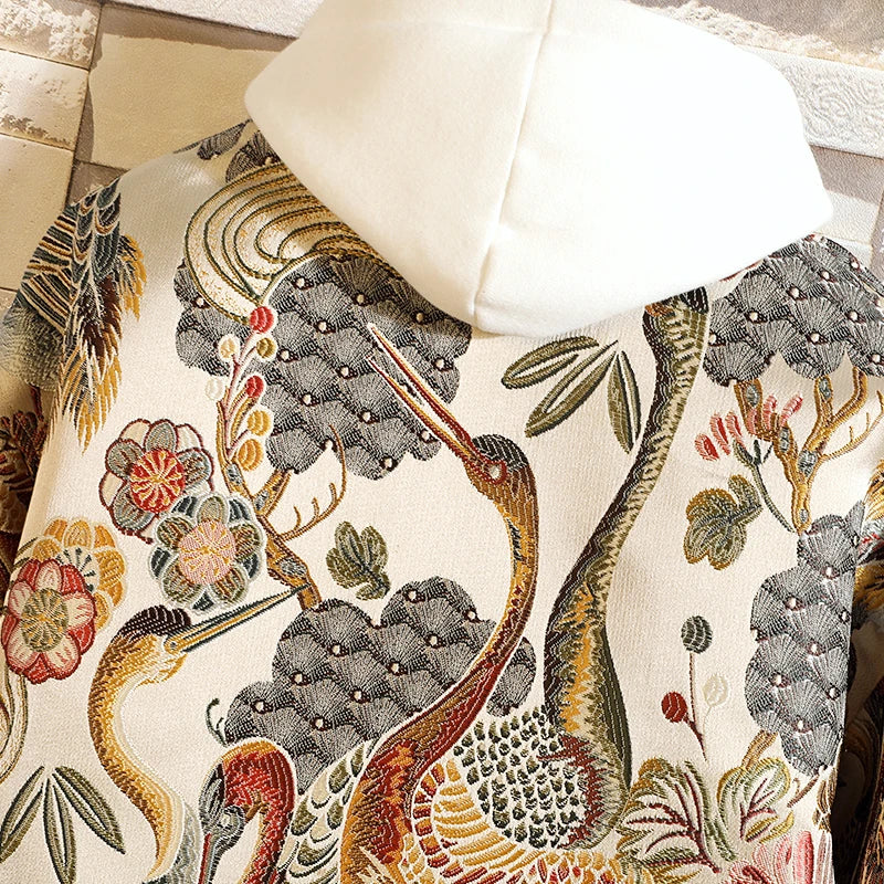 Vintage Floral Dragon Print Zip-Up Hoodie For men