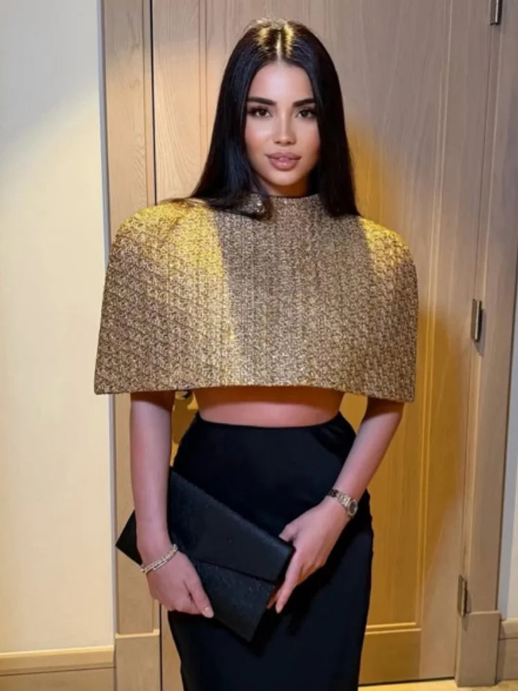 Capelet Shiny Tweed Shoulder Top