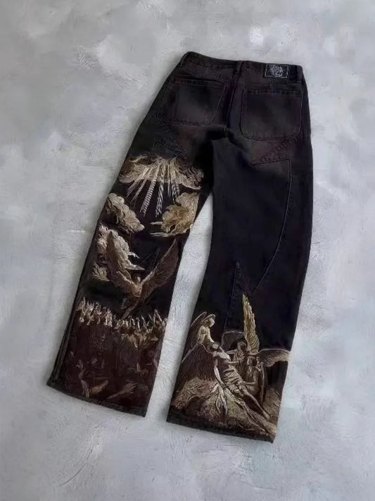 Angel & Eagle Print Black Loose Straight-Leg Jeans – Retro