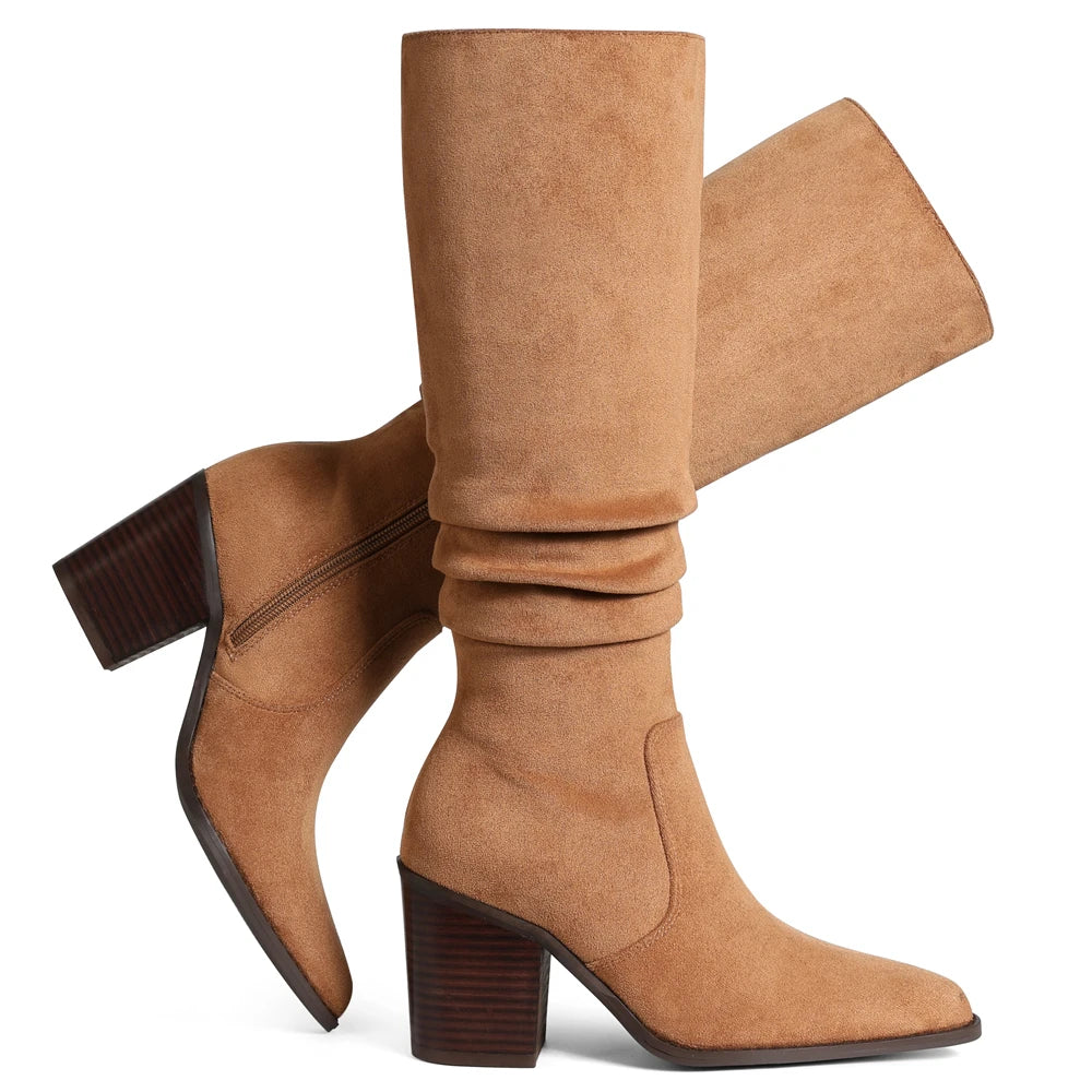 Faux Flock Pointed Toe Chunky High Heeled Pleated Side Zipper