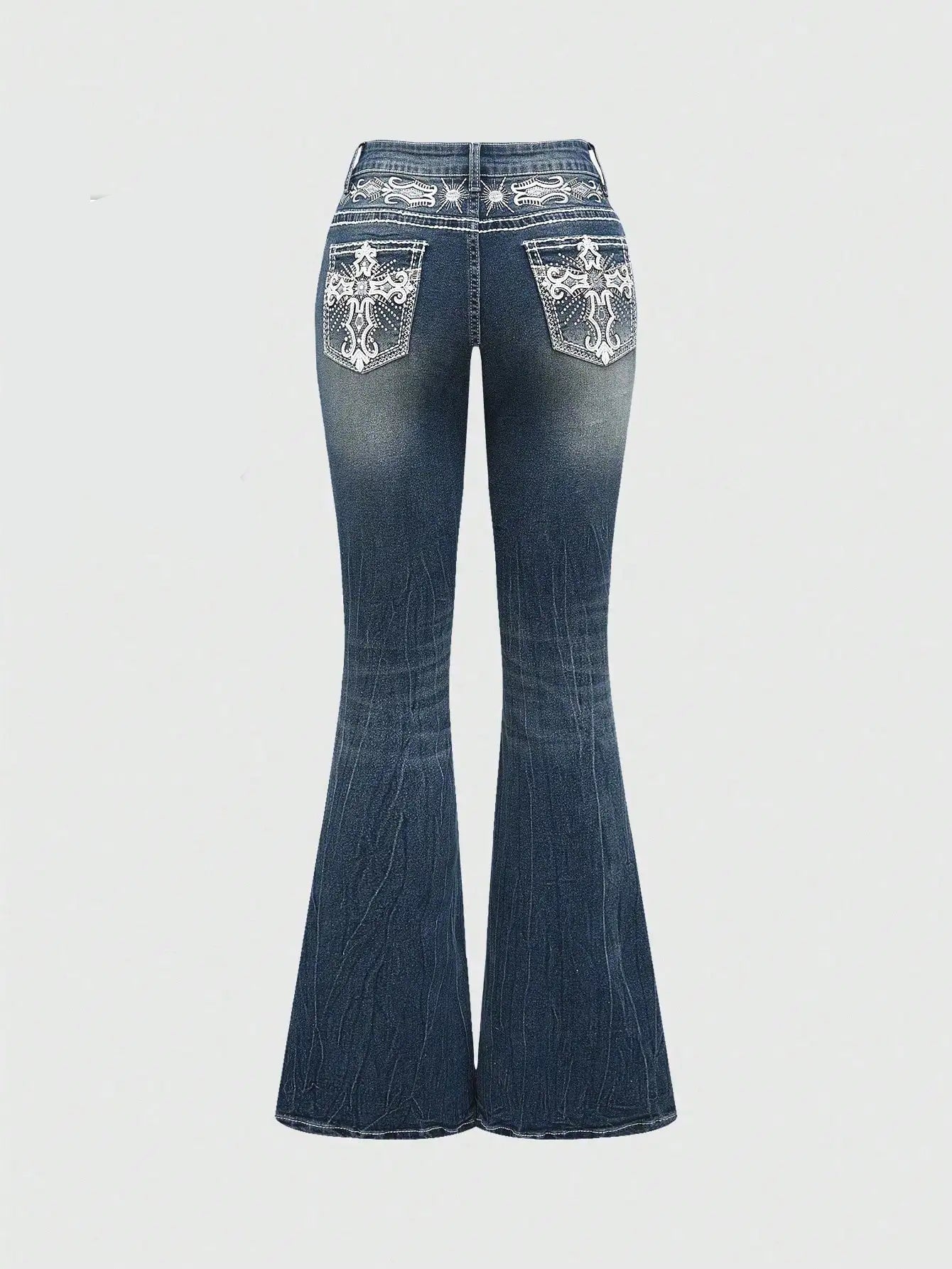 Retro Embroidered Cross Wing Flare Jeans for Women