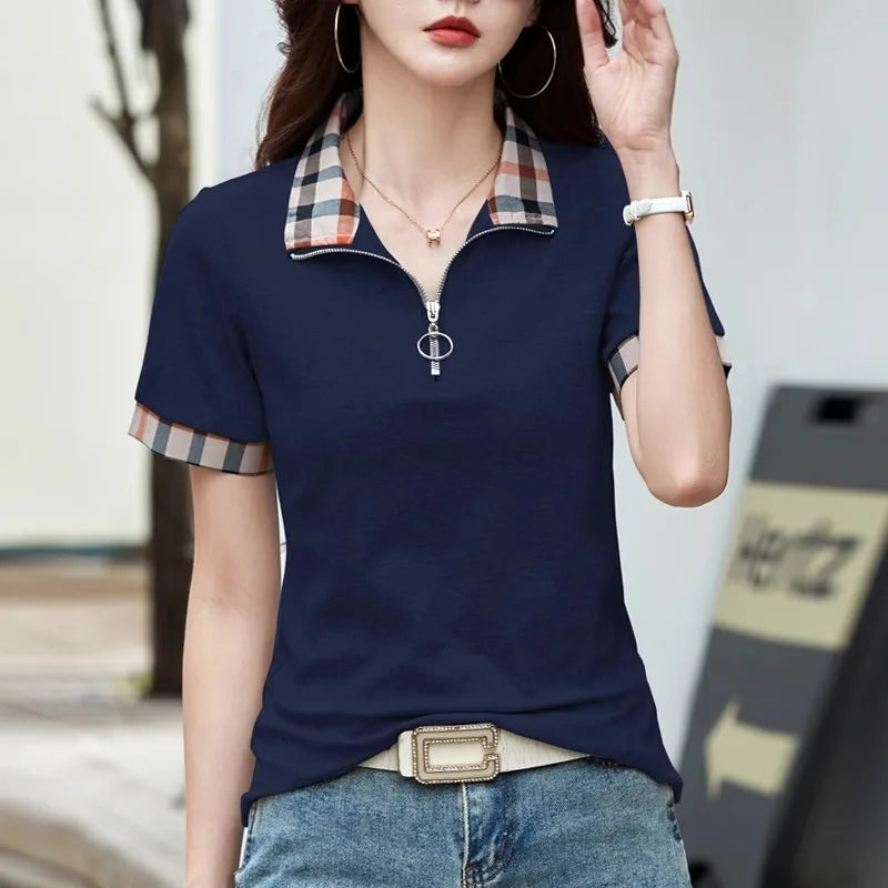Polo Collar Checkered Short sleeved T-shirt Women's
