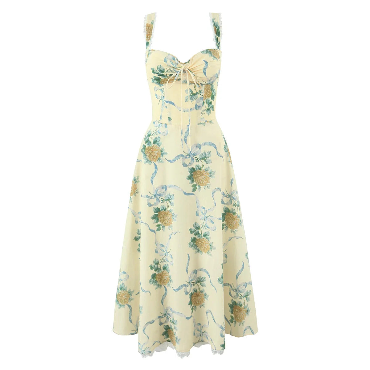 Floral Print Fishbone Waist Spaghetti Straps Dress