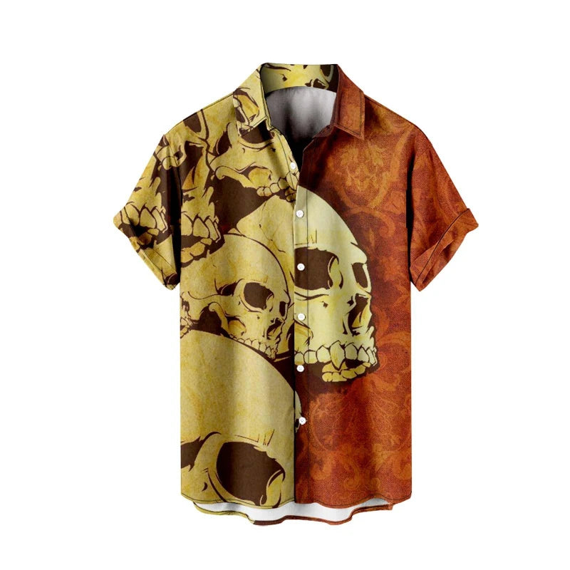 Skeleton Skull Print Short Sleeve Button Down Shirt for Men