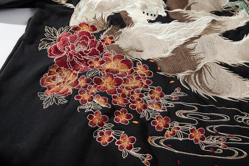 Fox Embroidery Black Hoodie for Men