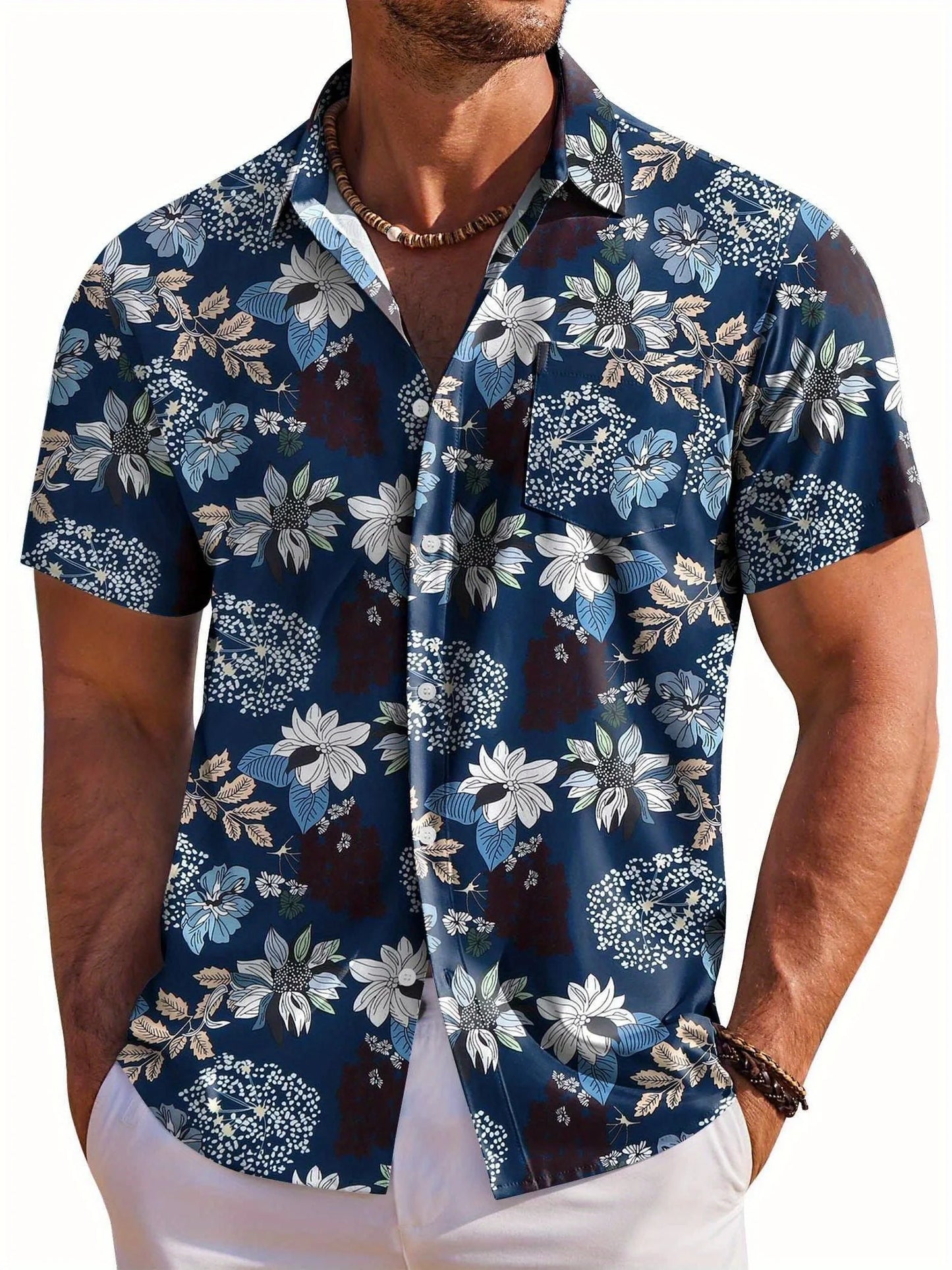 Hawaiian Botanical Flower Print Lapel Seaside Shirt