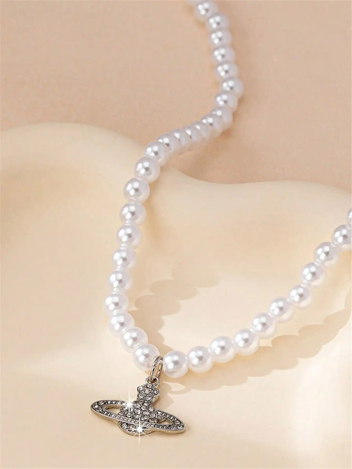 Pearl Bead Necklace with Rhinestone Planet-Style Pendant for Women