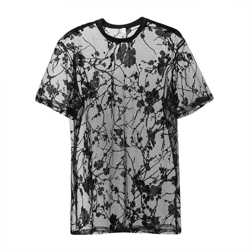Hollow-Out O Neck Short Sleeve Tees Rose Printed Knitwear for Men