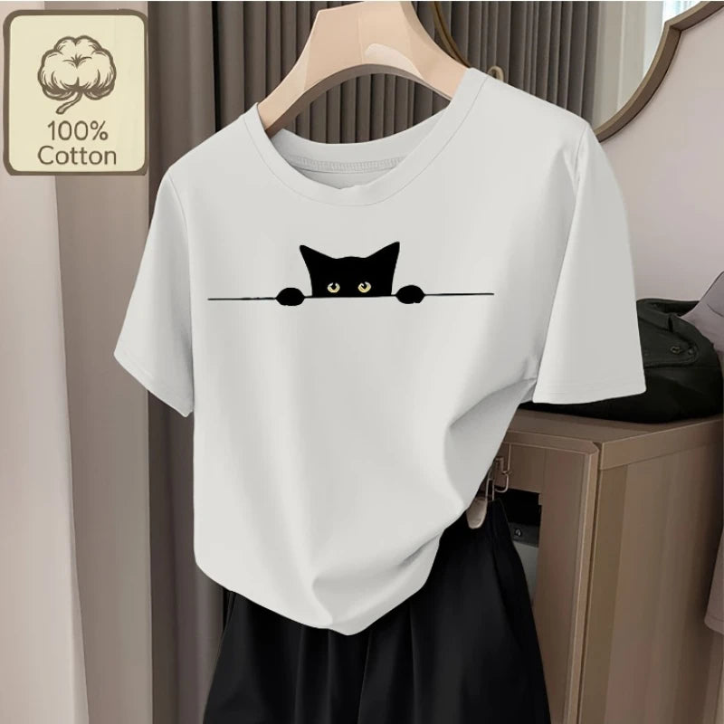 Black Cat Peeping Women Casual Round Neck T-shirt