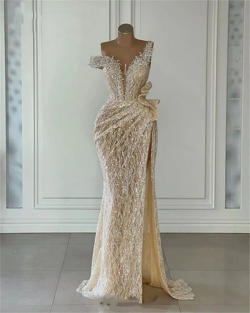 Sparkly Light Champagne Sequins Prom Gowns