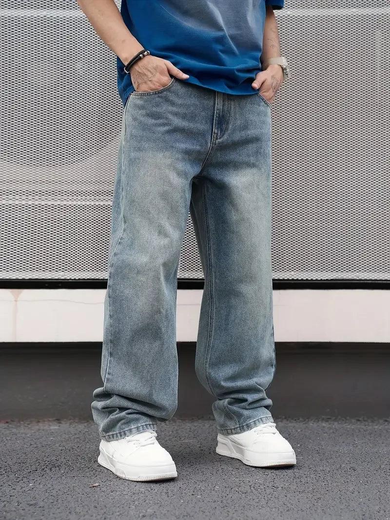 Men's Casual Straight Wash Jeans - Light Blue, Loose Fit, Oblique Pocket