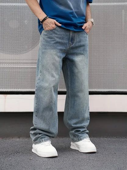 Men's Casual Straight Wash Jeans - Light Blue, Loose Fit, Oblique Pocket
