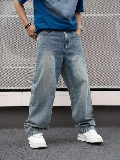 Men's Casual Straight Wash Jeans - Light Blue, Loose Fit, Oblique Pocket