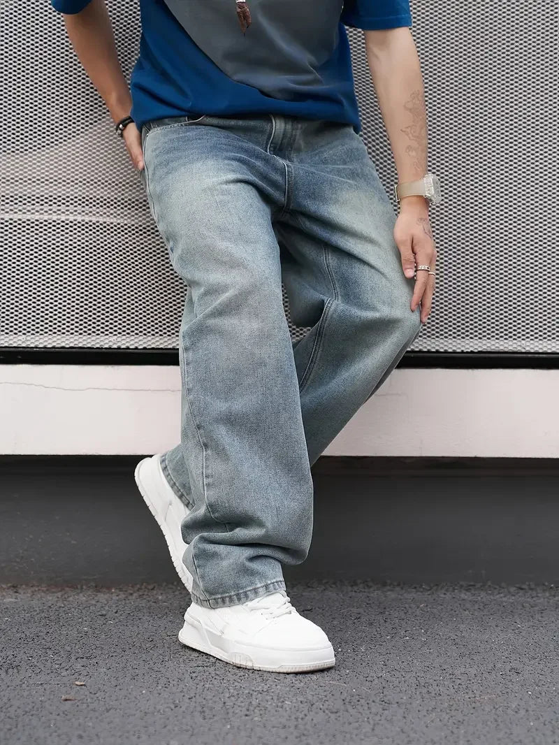 Men's Casual Straight Wash Jeans - Light Blue, Loose Fit, Oblique Pocket