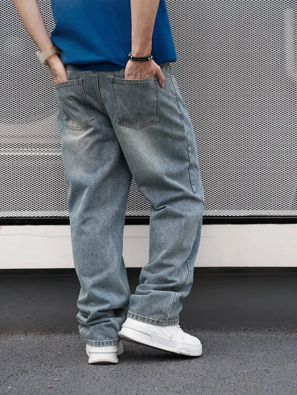 Men's Casual Straight Wash Jeans - Light Blue, Loose Fit, Oblique Pocket