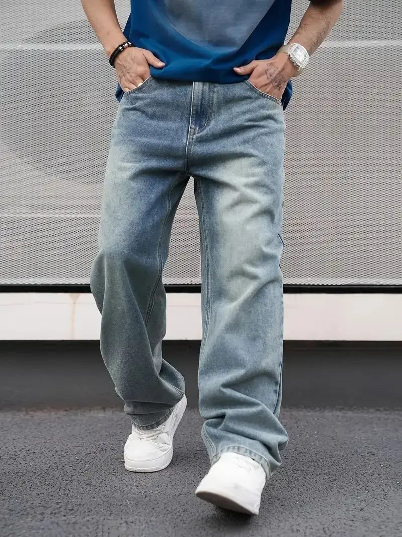 Men's Casual Straight Wash Jeans - Light Blue, Loose Fit, Oblique Pocket