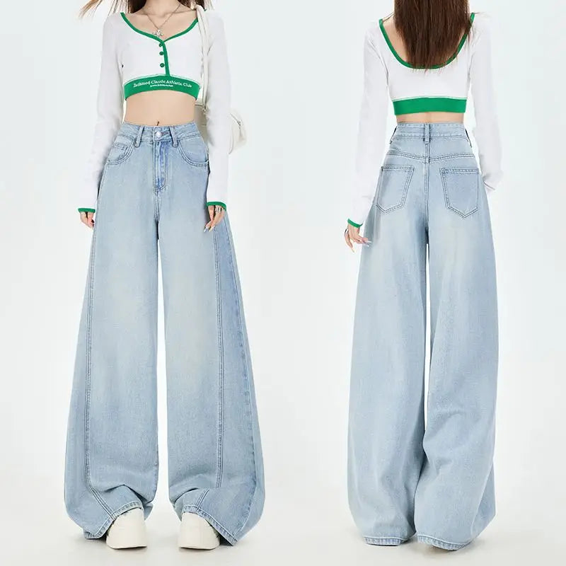 Retro Girl Denim Wide Loose High Waisted Slim Pants