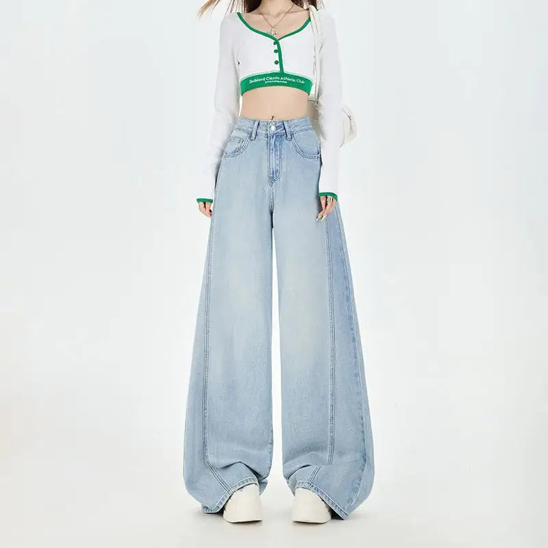 Retro Girl Denim Wide Loose High Waisted Slim Pants