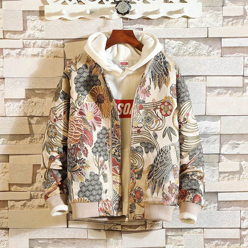 Vintage Floral Dragon Print Zip-Up Hoodie For men
