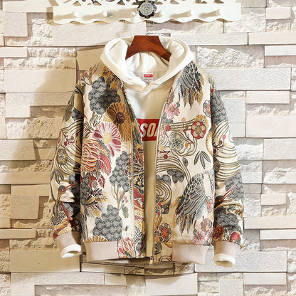 Vintage Floral Dragon Print Zip-Up Hoodie For men