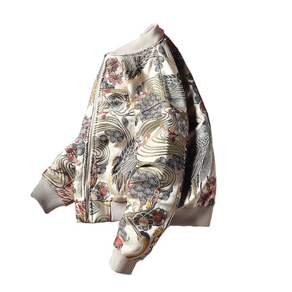 Vintage Floral Dragon Print Zip-Up Hoodie For men