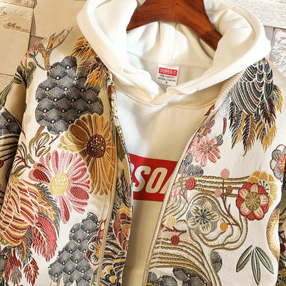 Vintage Floral Dragon Print Zip-Up Hoodie For men