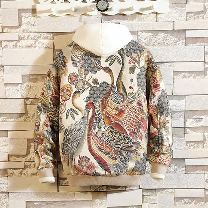 Vintage Floral Dragon Print Zip-Up Hoodie For men