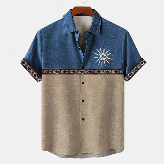 Men's retro linen shirt summer short sleeved patchwork pattern Shirt