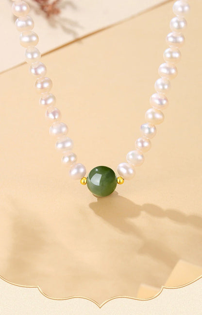 Pearl Chain Choker Green Beads Freshwater Necklace