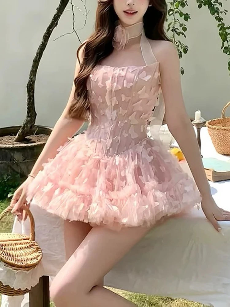 French Elegant Sweet Pink Fairy Dress Women