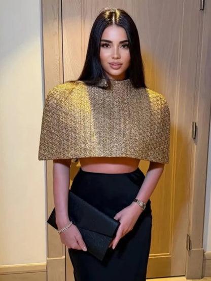 Capelet Shiny Tweed Shoulder Top