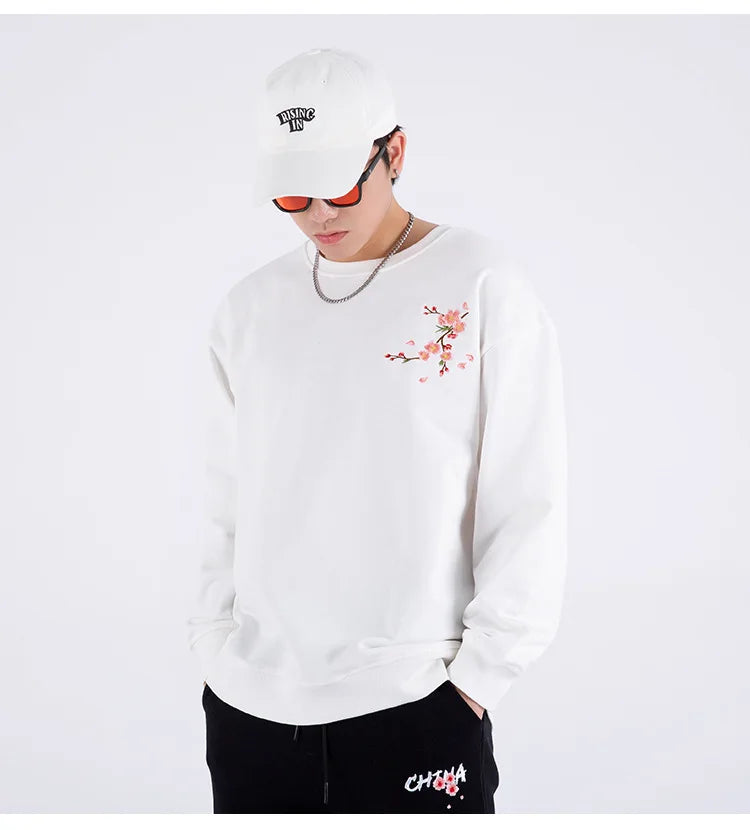 Vintage Flower Embroidery Sweatshirt Hoodies men