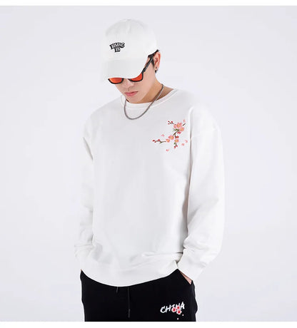 Vintage Flower Embroidery Sweatshirt Hoodies men