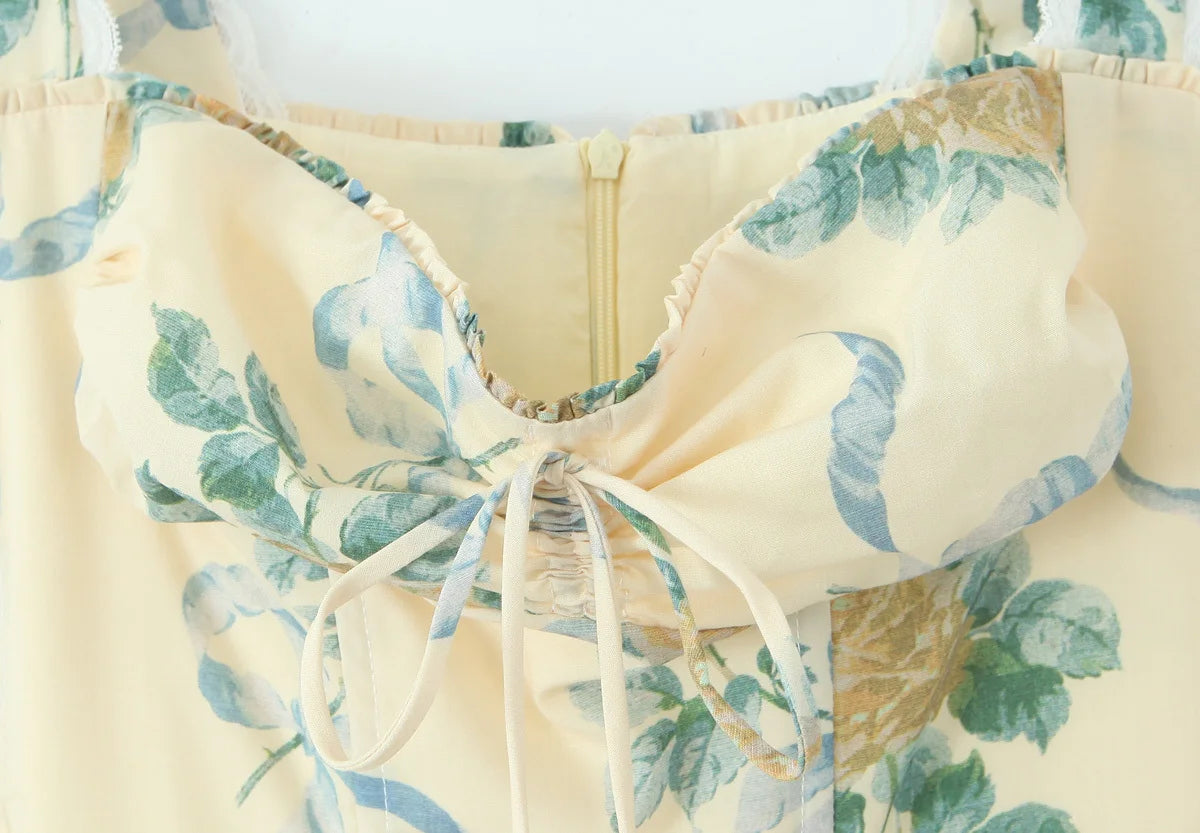 Floral Print Fishbone Waist Spaghetti Straps Dress