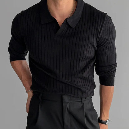 Retro Knit Lapel Striped Polo Shirt for Men
