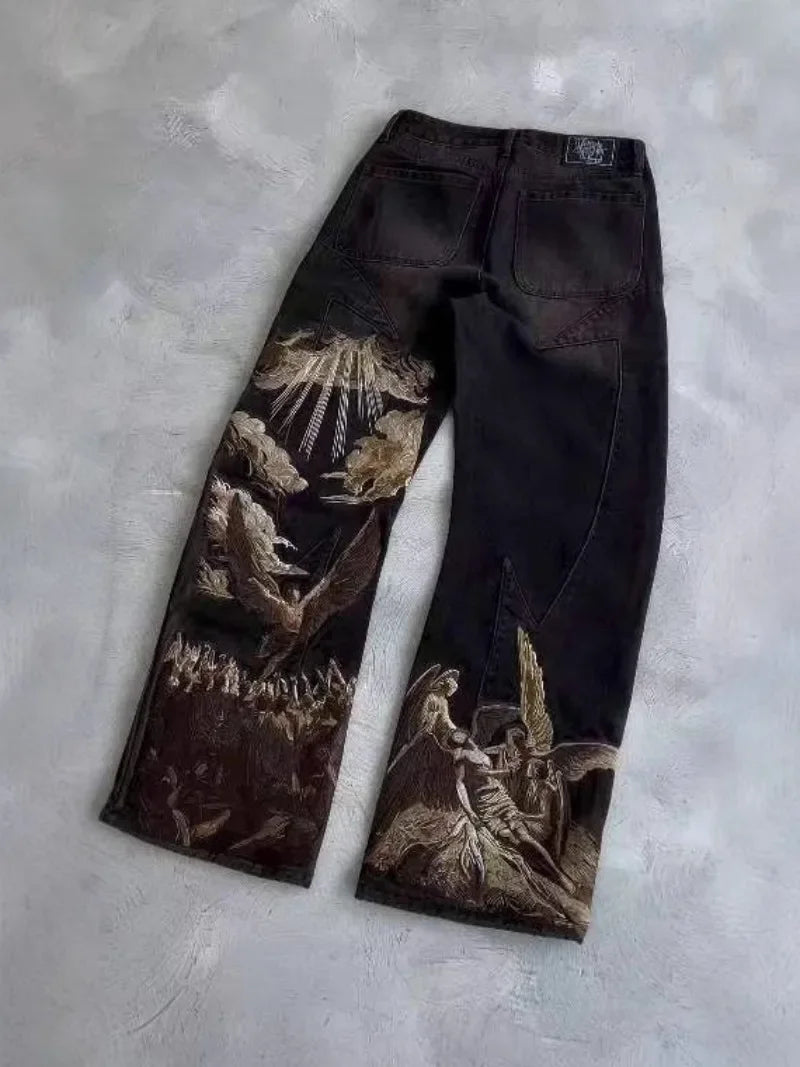 Angel & Eagle Print Black Loose Straight-Leg Jeans – Retro