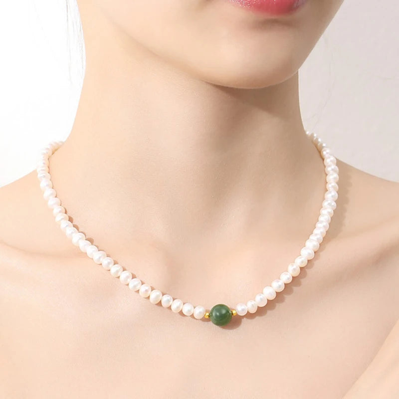 Pearl Chain Choker Green Beads Freshwater Necklace