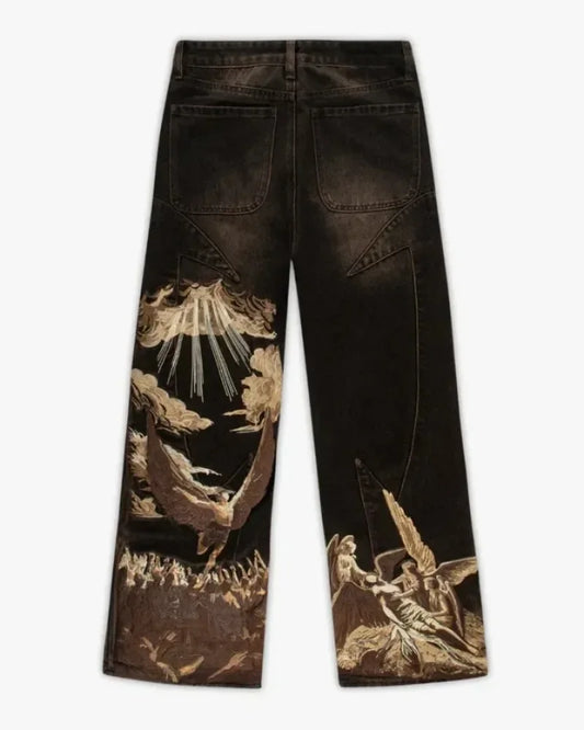 Angel & Eagle Print Black Loose Straight-Leg Jeans – Retro