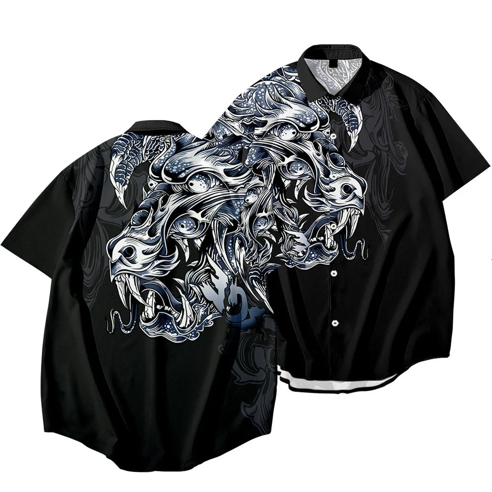 Black Dragon Tiger Print Ethnic Shirt