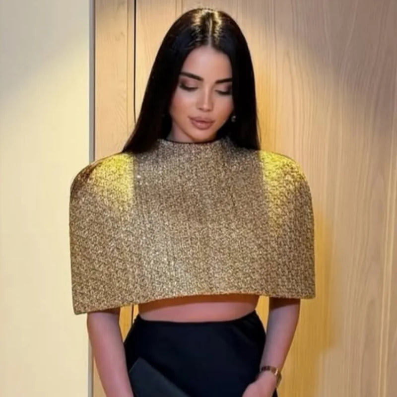 Capelet Shiny Tweed Shoulder Top