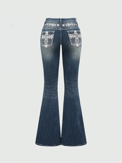 Retro Embroidered Cross Wing Flare Jeans for Women