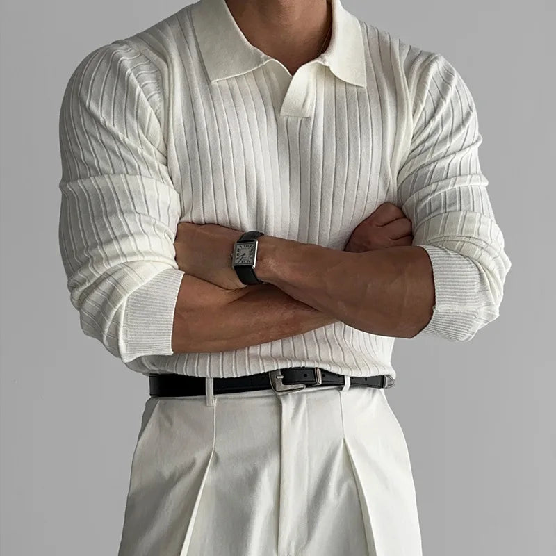 Retro Knit Lapel Striped Polo Shirt for Men