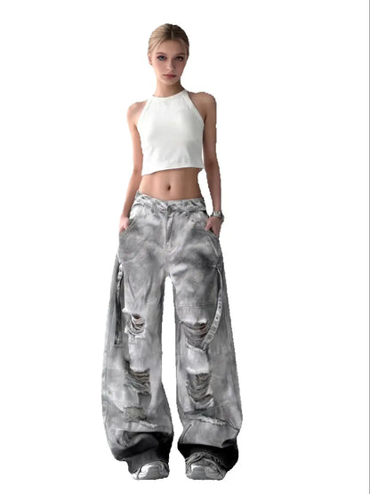 Women's Grey Ripped Jeans Cargo