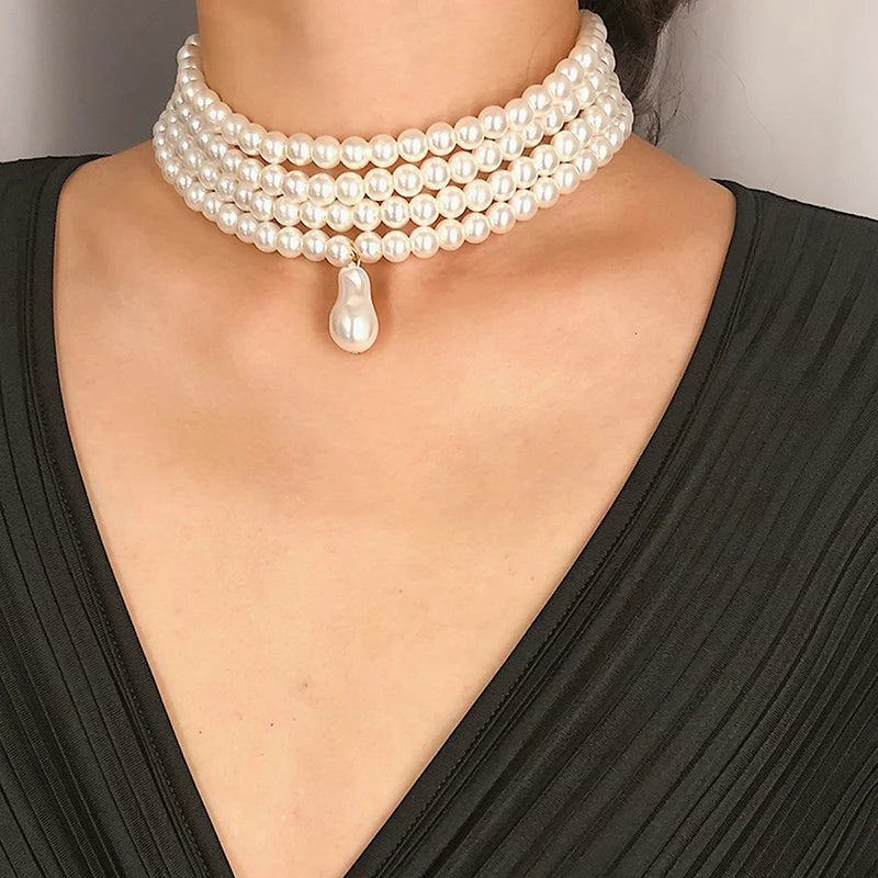 Classic Layered Strand Round Pearls Beads Necklace