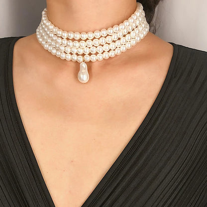 Classic Layered Strand Round Pearls Beads Necklace