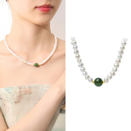 Pearl Chain Choker Green Beads Freshwater Necklace