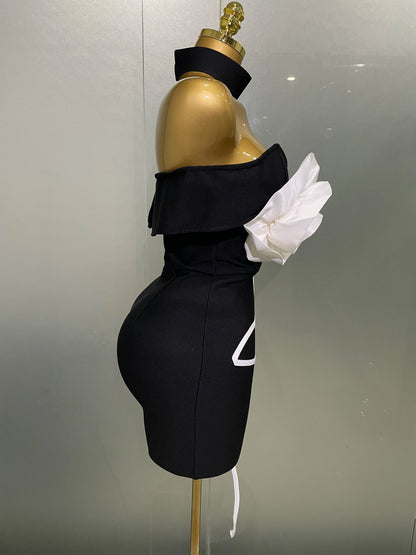 White Flower Black Mini Bodycon Bandage Dress