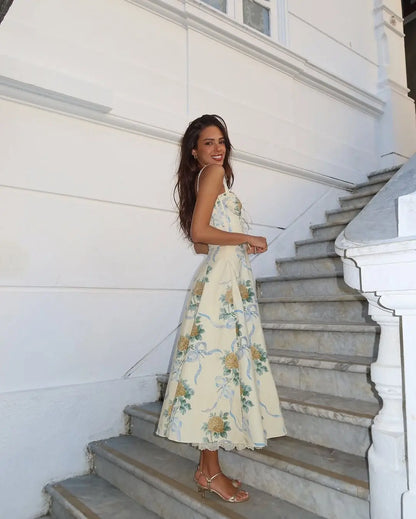 Floral Print Fishbone Waist Spaghetti Straps Dress