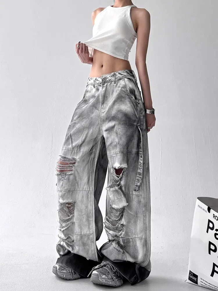 Street inkjet dirty multi pocket jeans for Women