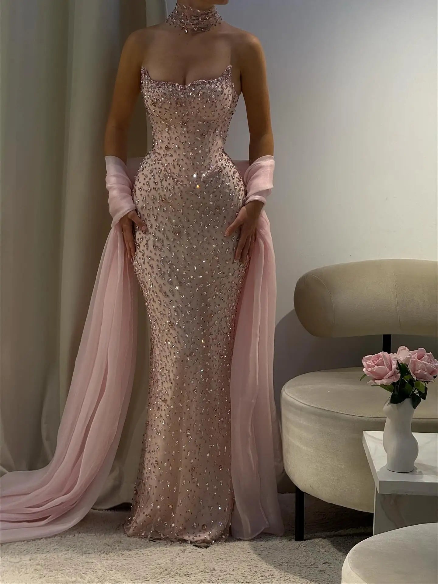 Pink Crystal Beaded Strapless Dress With Shawl